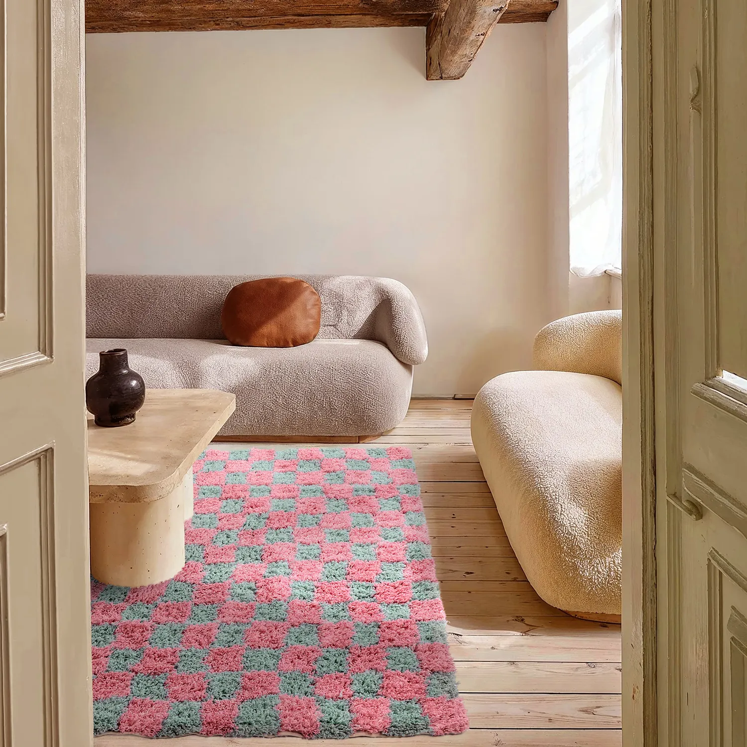 Shaggy rugs - Methoni Check Cotton Shaggy (light blue/light pink)