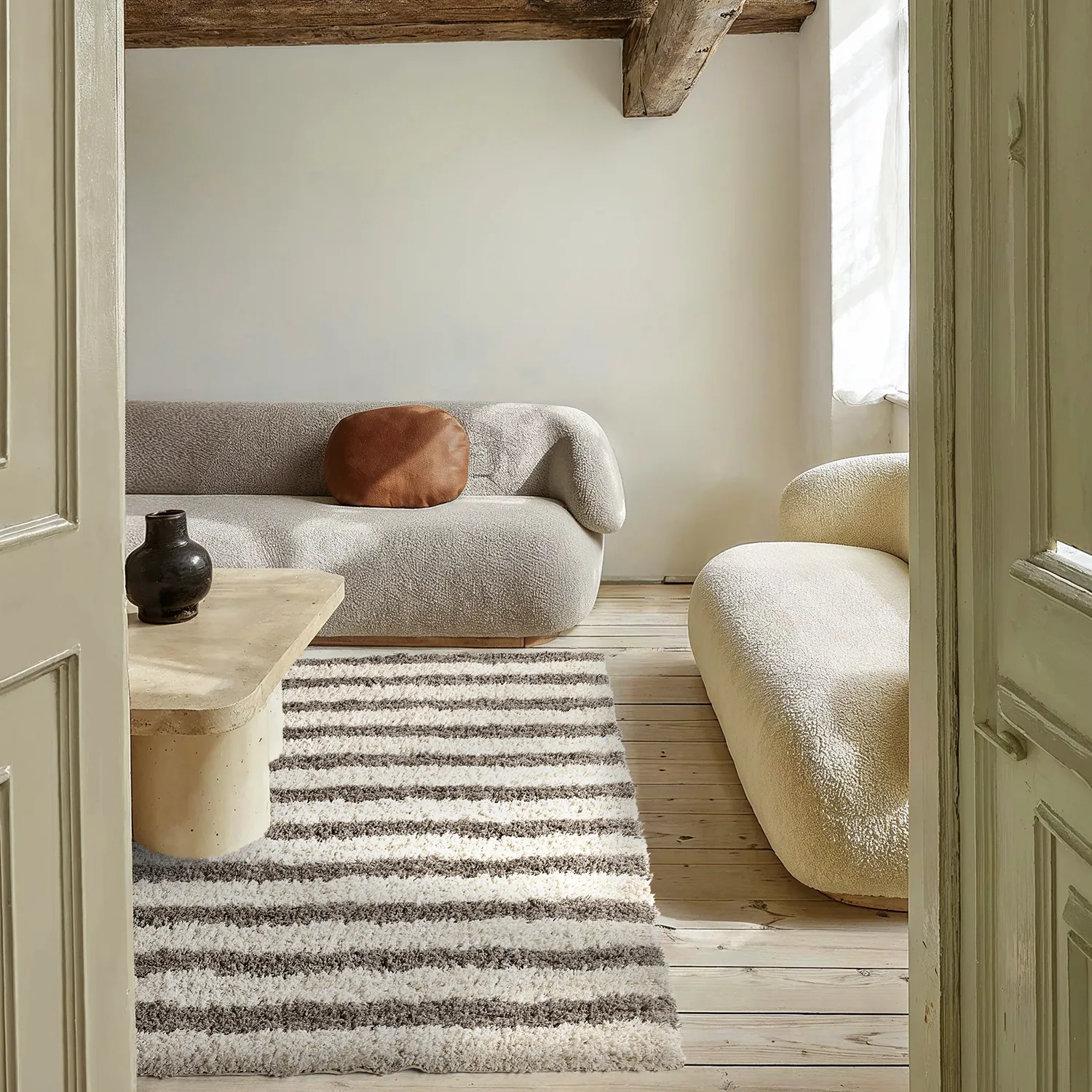 Shaggy rugs - Thira Stripe Cotton Shaggy (cream/taupe)