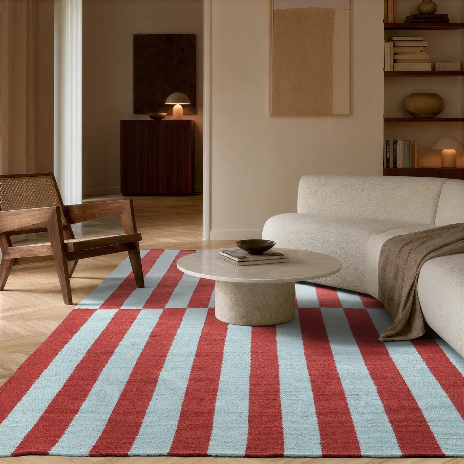 Wool rug - Peniche (light blue/red)